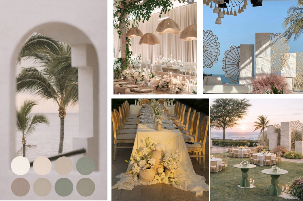 Moodboard de la boda con paleta marfil, arena y verde salvia, lámparas de fibra y mesas florales blancas