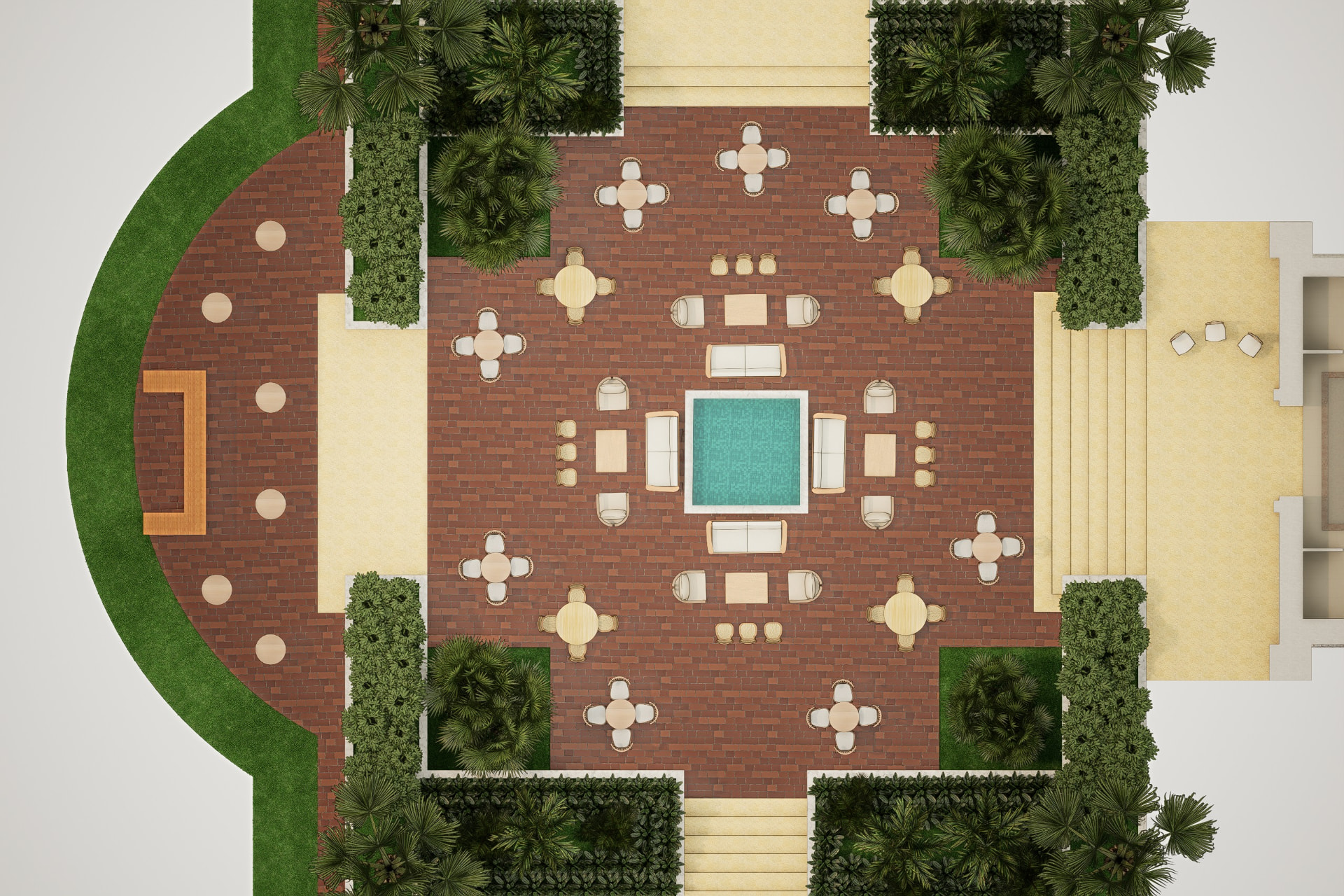 Planta del cocktail hour en la plaza de la capilla con mesas altas, salas lounge y bar