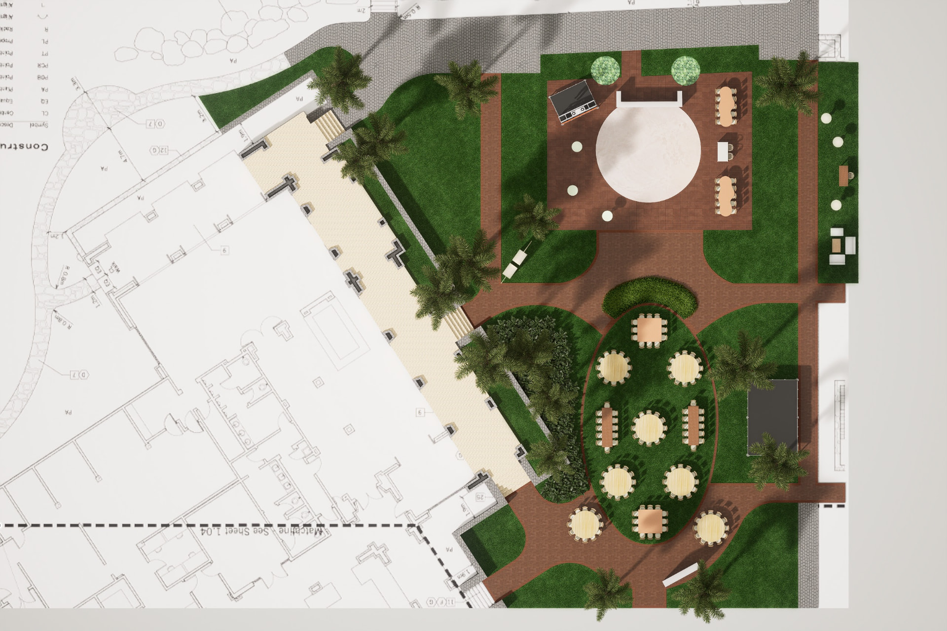 Planta de la recepción con pista de baile, escenario y áreas de estar