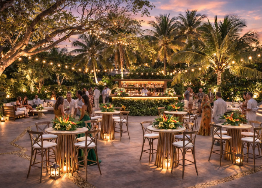 Cena de bienvenida al atardecer con luces colgantes, mesas altas de madera y florales tropicales