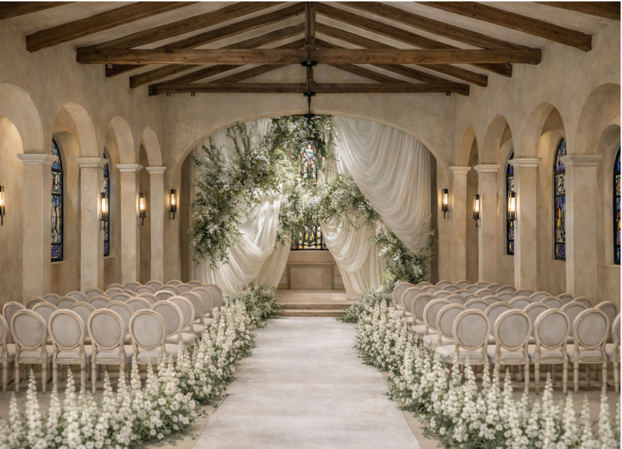 Ceremonia en la capilla con arco de vegetación, drapeado marfil y pasillo de flor blanca