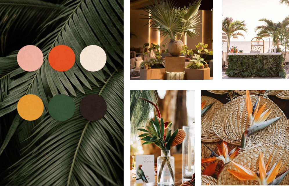Moodboard de la cena de bienvenida con paleta coral, terracota, mostaza y verde selva sobre hojas de palma